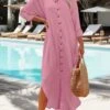 Women's Casual Dress Cotton Linen Dress Shift Dress Midi Dress Cotton Fashion Traditional / Vintage Outdoor Daily Vacation V Neck Ruched Button Long Sleeve Fall Winter Autumn 2023 Loose Fit Pink Plain