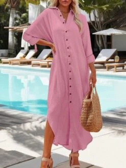 Women's Casual Dress Cotton Linen Dress Shift Dress Midi Dress Cotton Fashion Traditional / Vintage Outdoor Daily Vacation V Neck Ruched Button Long Sleeve Fall Winter Autumn 2023 Loose Fit Pink Plain