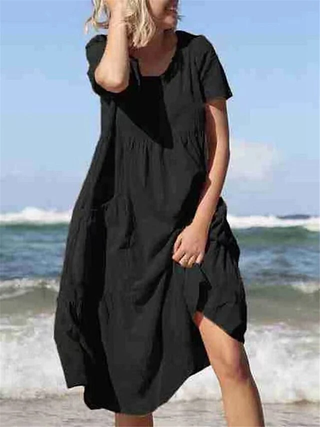 Women's Casual Dress Cotton Linen Dress Swing Dress Midi Dress Polyester Basic Classic Outdoor Daily Vacation Crew Neck Pocket Short Sleeve Summer Spring 2023 Loose Fit Black Yellow Blue Plain M L XL 5 Women's Casual Dress Cotton Linen Dress Swing Dress Midi Dress Polyester Basic Classic Outdoor Daily Vacation Crew Neck Pocket Short Sleeve Summer Spring 2023 Loose Fit Black Yellow Blue Plain M L XL - Image 5