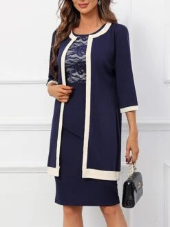 Women's Two Piece Dress Set Party Dress Lace Dress Party Office Fashion Elegant Lace Patchwork Midi Dress Crew Neck 3/4 Length Sleeve Plain Regular Fit Navy Blue Fall Winter S M L XL XXL -HAYz Clothing Shop vbtyhr1697450718763