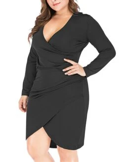 Women‘s Plus Size Curve Work Dress Sheath Dress Semi Formal Dress Fashion Midi Dress Ruched V Neck Long Sleeve Plain Regular Fit Black Wine Blue Fall Winter XL XXL 3XL 4XL 5XL -HAYz Clothing Shop vcstar1691401445358