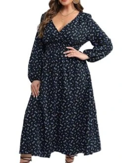 Women's Plus Size Curve Party Dress Wedding Guest Dress Swing Dress Midi Dress Dark Blue Long Sleeve Floral Print Spring Fall Winter V Neck Fashion Winter Dress Birthday Wedding Guest XL XXL 3XL 4XL -HAYz Clothing Shop vcyqea1692171340619