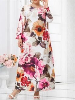 Women‘s Plus Size Curve Casual Dress Swing Dress Floral Dress Floral Long Dress Maxi Dress Long Sleeve Print Round Neck Modern Vacation Beige Fall Spring L XL XXL 3XL 4XL -HAYz Clothing Shop vcyujt1672736823671