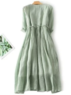 Women's Casual Dress Cotton Linen Dress A Line Dress Midi Dress Linen / Cotton Blend Basic Classic Outdoor Daily Vacation Crew Neck Lace Up Button 3/4 Length Sleeve Spring Fall Autumn 2023 Loose Fit -HAYz Clothing Shop vdfxzq1694418847579