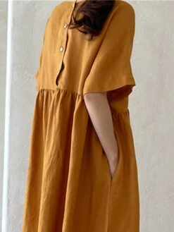 Women's Casual Dress Cotton Linen Dress Tiered Dress Maxi Long Dress Linen / Cotton Blend Daily Casual Outdoor Home Daily Crew Neck Pocket Short Sleeve Summer Spring 2023 Loose Fit Yellow Pink Plain -HAYz Clothing Shop vdlktl1689933426613