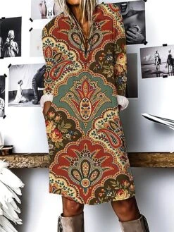 Women's Shirt Dress Casual Dress Cotton Linen Dress Midi Dress Polyester Fashion Casual Daily Outdoor Daily Vacation Shirt Collar Button Print 3/4 Length Sleeve Fall Winter Autumn 2023 Loose Fit -HAYz Clothing Shop vdlxxs1694690883233