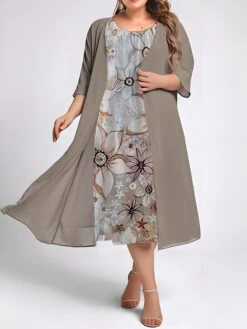 Women's Plus Size Two Piece Dress Set Casual Dress Swing Dress Outdoor Daily Fashion Elegant Print Midi Dress Crew Neck 3/4 Length Sleeve Floral Geometric Loose Fit Pink Blue Green Fall Winter L XL -HAYz Clothing Shop vegzwh1693298748571
