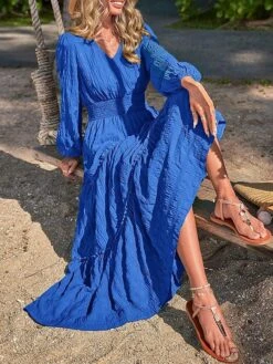 Women's Casual Dress Cotton Linen Dress Swing Dress Midi Dress Polyester Fashion Modern Outdoor Daily Vacation V Neck Ruched Ruffle Long Sleeve Summer Spring Fall 2023 Loose Fit Black Yellow Blue -HAYz Clothing Shop vejfnj1691040680749