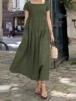 Women's Casual Dress Cotton Linen Dress A Line Dress Maxi Long Dress Cotton Blend Basic Casual Daily Holiday Date Square Neck Ruched Smocked Short Sleeve Summer Spring 2023 Loose Fit Army Green Navy -HAYz Clothing Shop vesfay1657780453342