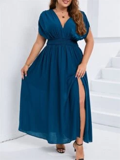 Women's Plus Size Party Dress Wedding Guest Dress Swing Dress Long Dress Maxi Dress Dark Blue Short Sleeve Pure Color Ruched Spring Fall Winter V Neck Fashion Birthday Wedding Guest Vacation 2023 L -HAYz Clothing Shop vfdzfz1693535305279