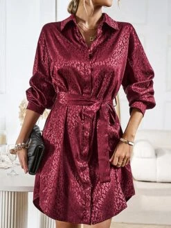 Women's Shirt Dress Midi Dress Outdoor Date Vacation Satin Fashion Elegant Shirt Collar Lace Up Button Long Sleeve Spring Fall Winter 2023 Loose Fit Black Wine Brown Pure Color S M L XL -HAYz Clothing Shop vfnlra1692856938431