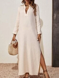 Women's Casual Dress Cotton Linen Dress Maxi Long Dress Linen / Cotton Blend Basic Classic Outdoor Daily Vacation Split Neck Split 3/4 Length Sleeve Summer Spring Fall 2023 Loose Fit Apricot Plain XS