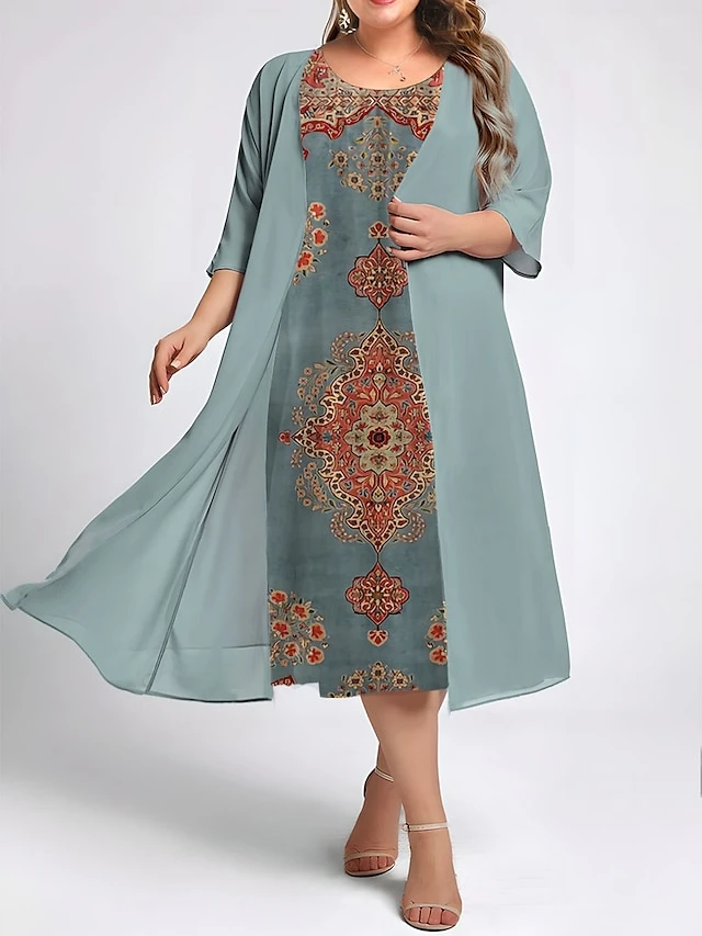 Women's Plus Size Two Piece Dress Set Casual Dress Swing Dress Outdoor Daily Fashion Elegant Print Midi Dress Crew Neck 3/4 Length Sleeve Floral Ombre Loose Fit Navy Blue Blue Dark Green Fall Winter 1 Women's Plus Size Two Piece Dress Set Casual Dress Swing Dress Outdoor Daily Fashion Elegant Print Midi Dress Crew Neck 3/4 Length Sleeve Floral Ombre Loose Fit Navy Blue Blue Dark Green Fall Winter