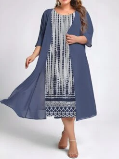 Women's Plus Size Two Piece Dress Set Casual Dress Swing Dress Outdoor Daily Fashion Elegant Print Midi Dress Crew Neck 3/4 Length Sleeve Floral Geometric Loose Fit Pink Blue Green Fall Winter L XL -HAYz Clothing Shop vfzxxf1693298747686