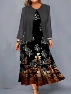 Women's Plus Size Curve Casual Dress Dress Set Two Piece Dress Leaf Gradient Midi Dress Long Sleeve Print Crew Neck Mature Outdoor Yellow Red Fall Winter L XL XXL 3XL 4XL