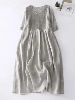 Women's Casual Dress Cotton Linen Dress Midi Dress Linen Basic Classic Outdoor Daily Vacation V Neck Pocket Half Sleeve Fall Autumn 2023 Loose Fit White Navy Blue Purple Plain M L XL 2XL -HAYz Clothing Shop vgfwqf1693202598418