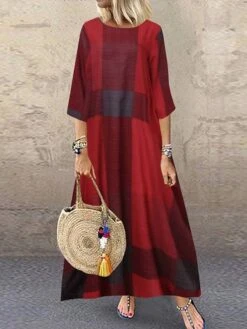 Women's Casual Dress Cotton Linen Dress Shift Dress Maxi Long Dress Cotton Blend Fashion Casual Outdoor Daily Going Out Boat Neck Print 3/4 Length Sleeve Summer Spring 2023 Loose Fit Red Khaki Dark