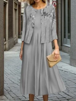 Women's Two Piece Dress Set Casual Dress Swing Dress Outdoor Office Fashion Streetwear Print Midi Dress Crew Neck 3/4 Length Sleeve Floral Regular Fit Blue Purple Green Fall Winter S M L XL XXL