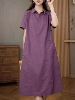 Women's Casual Dress Cotton Linen Dress Midi Dress Polyester Casual Daily Casual Outdoor Home Holiday Shirt Collar Pocket Short Sleeve Summer Spring 2023 Loose Fit Navy Blue Purple Brown Plain M L XL -HAYz Clothing Shop vhfrtk1689763770183