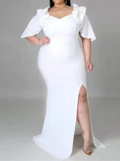 Women's Plus Size Curve Party Dress Bodycon Sheath Dress Plain Long Dress Maxi Dress 3/4 Length Sleeve Ruffle Split Off Shoulder Fashion Party Black White Fall Winter XL XXL 3XL 4XL 5XL -HAYz Clothing Shop vhgngh1694151469655