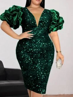 Women‘s Plus Size Curve Party Dress Solid Color V Neck Short Sleeve Spring Fall Elegant Formal Midi Dress Party Cocktail Party Dress