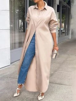 Women's Shirt Dress Casual Dress Midi Dress Outdoor Daily Vacation Polyester Fashion Modern Shirt Collar Split Long Sleeve Fall Winter 2023 Loose Fit Black White Yellow Plain S M L XL XXL -HAYz Clothing Shop vhljiv1692342896724