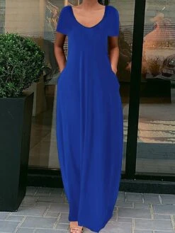 Women's Casual Dress Cotton Linen Dress Long Dress Maxi Dress Polyester Basic Daily Going Out Weekend Crew Neck Short Sleeve Summer Spring 2023 Regular Fit Fluorescent Green Black Yellow Pure Color S -HAYz Clothing Shop vhnbaj1630665972135