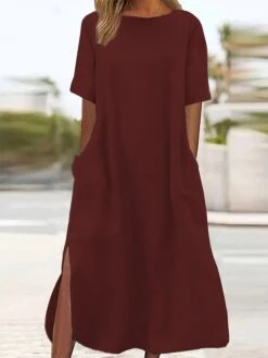 Women's Casual Dress Cotton Linen Dress A Line Dress Maxi Long Dress Cotton Blend Basic Modern Outdoor Daily Crew Neck Pocket Split Short Sleeve Summer Spring 2023 Loose Fit ArmyGreen Black Wine Plain -HAYz Clothing Shop vhpqfz1684825418576