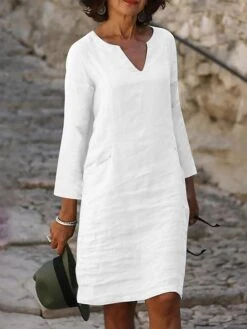 Women's Casual Dress Cotton Linen Dress Shift Dress Midi Dress Cotton Blend Modern Style Modern Outdoor Daily Date Split Neck Button Rolled Cuff 3/4 Length Sleeve Summer Spring Fall 2023 Regular Fit -HAYz Clothing Shop vhrsgl1689067165008