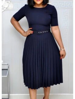 Women‘s Plus Size Curve Party Dress Solid Color Crew Neck Ruched Short Sleeve Spring Fall Work Formal Prom Dress Knee Length Dress Party Work Dress Loose Fit -HAYz Clothing Shop vhyqvl1620625705213