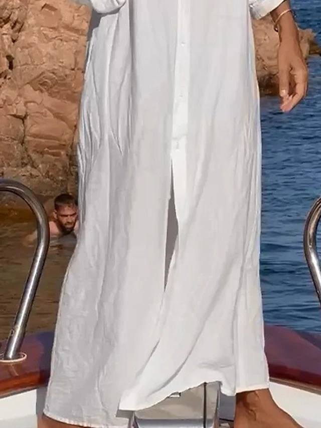 Women's Casual Dress Cotton Dress Shift Dress Maxi Long Dress Cotton Fashion Daily Outdoor Daily Vacation Stand Collar Button Pocket 3/4 Length Sleeve Fall Autumn 2023 Loose Fit White Plain S M L XL 2 Women's Casual Dress Cotton Dress Shift Dress Maxi Long Dress Cotton Fashion Daily Outdoor Daily Vacation Stand Collar Button Pocket 3/4 Length Sleeve Fall Autumn 2023 Loose Fit White Plain S M L XL - Image 2