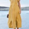 Women's Casual Dress Cotton Linen Dress Maxi Long Dress Polyester Daily Casual Daily Outdoor Home Daily Crew Neck Ruched Pocket Short Sleeve Summer Spring 2023 Regular Fit Black Yellow Plain S M L XL