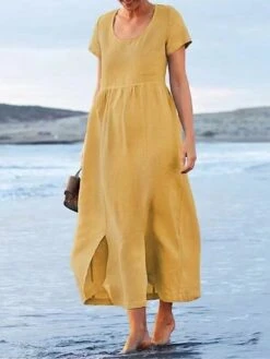 Women's Casual Dress Cotton Linen Dress Maxi Long Dress Polyester Daily Casual Daily Outdoor Home Daily Crew Neck Ruched Pocket Short Sleeve Summer Spring 2023 Regular Fit Black Yellow Plain S M L XL