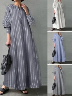 Women's Casual Dress Cotton Linen Dress Swing Dress Maxi Long Dress Cotton Blend Fashion Classic Outdoor Daily Vacation Split Neck Button Print Long Sleeve Summer Spring Fall 2023 Loose Fit White