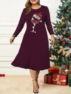 Women's Christmas Plus Size Curve Casual Dress Skater Dress A Line Dress Graphic Snowflake Midi Dress Long Sleeve Print Crew Neck Fashion Outdoor Black Wine Fall Winter L XL XXL 3XL 4XL -HAYz Clothing Shop vjwjgu1695264753960