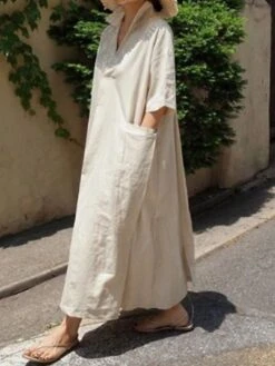 Women's Casual Dress Cotton Linen Dress Swing Dress Maxi Long Dress Cotton Blend Basic Casual Outdoor Daily V Neck Pocket 3/4 Length Sleeve Summer Spring Fall 2023 Loose Fit Blue Green Apricot Plain -HAYz Clothing Shop vkeyta1679554400528