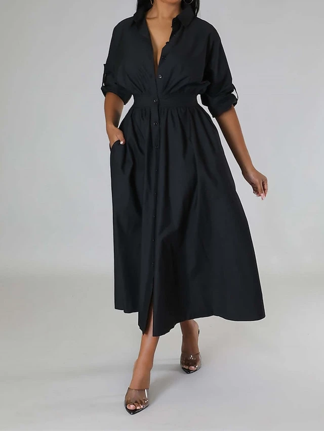 Women's Shirt Dress Casual Dress Swing Dress Maxi Long Dress Outdoor Daily Vacation Cotton And Linen Fashion Casual Shirt Collar Button Rolled Cuff Long Sleeve Spring Fall Winter 2023 Slim Black 11 Women's Shirt Dress Casual Dress Swing Dress Maxi Long Dress Outdoor Daily Vacation Cotton And Linen Fashion Casual Shirt Collar Button Rolled Cuff Long Sleeve Spring Fall Winter 2023 Slim Black - Image 11