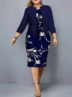 Women's Plus Size Curve Casual Dress Dress Set Two Piece Dress Floral Geometric Midi Dress Long Sleeve Print Crew Neck Fashion Outdoor Pink Navy Blue Fall Winter L XL XXL 3XL 4XL -HAYz Clothing Shop vkphsa1695807525936