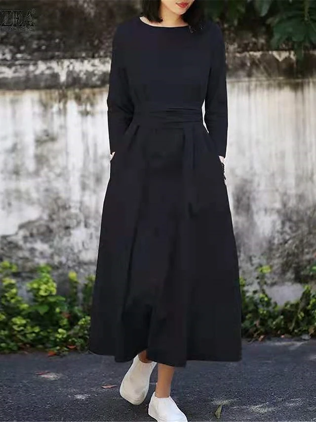 Women's Casual Dress Cotton Linen Dress Midi Dress Cotton Basic Classic Outdoor Daily Vacation Crew Neck Lace Up Pocket 3/4 Length Sleeve Spring Fall Autumn 2023 Loose Fit Black Red Navy Blue Plain S 3 Women's Casual Dress Cotton Linen Dress Midi Dress Cotton Basic Classic Outdoor Daily Vacation Crew Neck Lace Up Pocket 3/4 Length Sleeve Spring Fall Autumn 2023 Loose Fit Black Red Navy Blue Plain S - Image 3