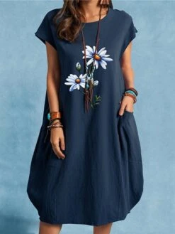 Women's Cotton Linen Dress Midi Dress Linen Cotton Blend Casual Outdoor Daily Vacation Crew Neck Pocket Rolled Cuff Short Sleeve Summer Spring 2023 Loose Fit Black White Navy Blue Floral S M L XL XXL