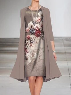 Women's Dress Set Two Piece Dress Church Dress Midi Dress Light Brown Light Grey Half Sleeve Floral Print Summer Spring Fall Crew Neck Elegant Wedding Guest Vacation 2023 S M L XL XXL 3XL