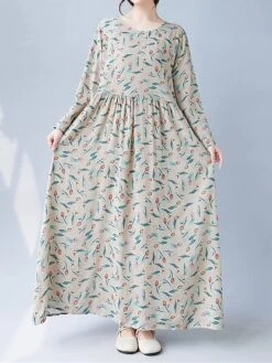 Women's Casual Dress Linen Dress Swing Dress Maxi Long Dress Linen Fashion Modern Outdoor Daily Holiday Crew Neck Print Long Sleeve Fall Winter Autumn 2023 Loose Fit Apricot Flower L XL 2XL -HAYz Clothing Shop vkzgnb1693553163768