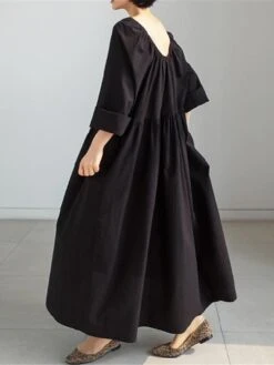 Women's Casual Dress Cotton Linen Dress Swing Dress Maxi Long Dress Cotton Blend Basic Classic Outdoor Daily Crew Neck Pocket Long Sleeve Summer Spring Fall 2023 Loose Fit Black Apricot Pure Color S -HAYz Clothing Shop vlcbma1673606396418