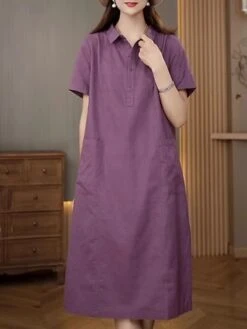 Women's Casual Dress Cotton Linen Dress Midi Dress Polyester Casual Daily Casual Outdoor Home Holiday Shirt Collar Pocket Short Sleeve Summer Spring 2023 Loose Fit Navy Blue Purple Brown Plain M L XL -HAYz Clothing Shop vljekq1689763772053