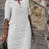 Women's Casual Dress Cotton Linen Dress Shift Dress Midi Dress Cotton Blend Basic Casual Outdoor Daily Vacation V Neck Patchwork Half Sleeve Summer Spring Fall 2023 Loose Fit Light Blue White Yellow
