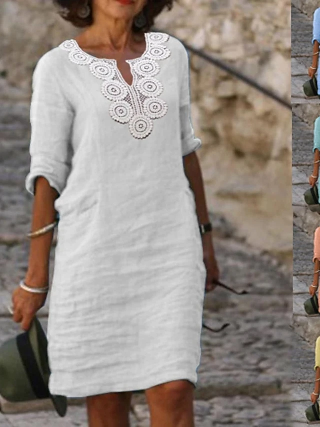 Women's Casual Dress Cotton Linen Dress Shift Dress Midi Dress Cotton Blend Basic Casual Outdoor Daily Vacation V Neck Patchwork Half Sleeve Summer Spring Fall 2023 Loose Fit Light Blue White Yellow 1 Women's Casual Dress Cotton Linen Dress Shift Dress Midi Dress Cotton Blend Basic Casual Outdoor Daily Vacation V Neck Patchwork Half Sleeve Summer Spring Fall 2023 Loose Fit Light Blue White Yellow