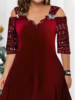 Women's Plus Size Curve Party Dress Wine Red Velvet Dress Sequin Dress Plain Long Dress Maxi Dress Half Sleeve Cut Out Plus High Low -HAYz Clothing Shop vlvroy1696846194471