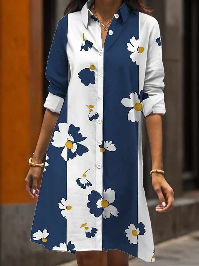 Women's Shirt Dress Casual Dress Midi Dress Outdoor Daily Date Polyester Fashion Modern Shirt Collar Button Pocket Long Sleeve Fall Winter 2023 Loose Fit White Pink Navy Blue Floral S M L XL 2XL 5 Women's Shirt Dress Casual Dress Midi Dress Outdoor Daily Date Polyester Fashion Modern Shirt Collar Button Pocket Long Sleeve Fall Winter 2023 Loose Fit White Pink Navy Blue Floral S M L XL 2XL - Image 5