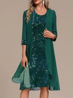 Women's Two Piece Dress Set Party Dress Sequin Dress Party Wedding Guest Fashion Elegant Patchwork Sequin Midi Dress Crew Neck Long Sleeve Plain Regular Fit Green Fall Winter S M L XL XXL