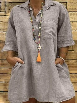 Women‘s Plus Size Curve Casual Dress Solid Color Shirt Collar 3/4 Length Sleeve Fall Spring Casual Classic Mini Dress Daily Vacation Dress